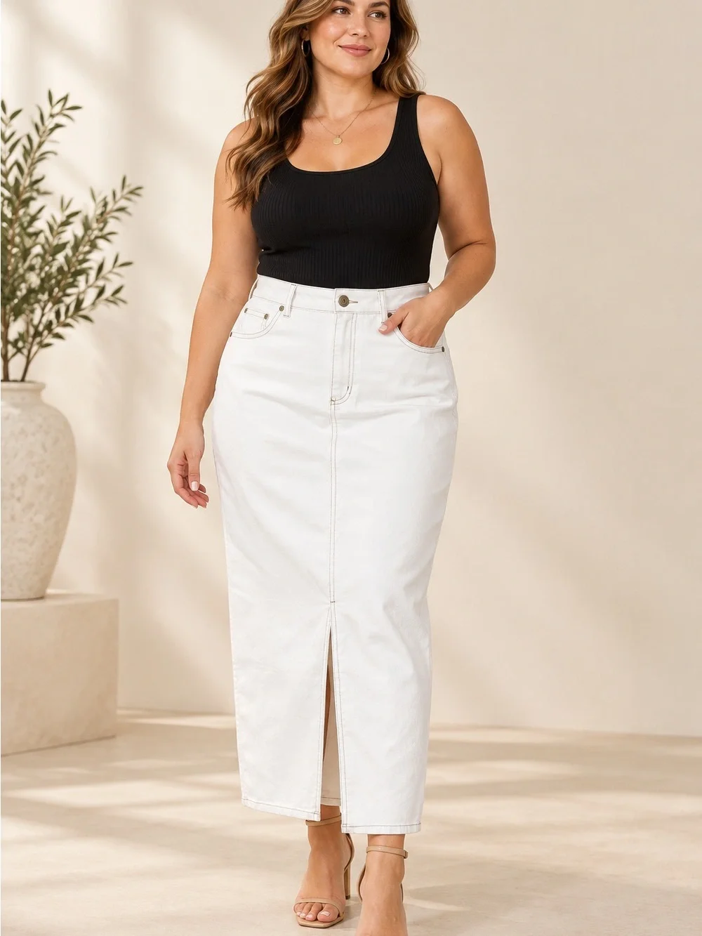 Rachel Zoe White Denim Maxi Pencil Skirt Size 14
